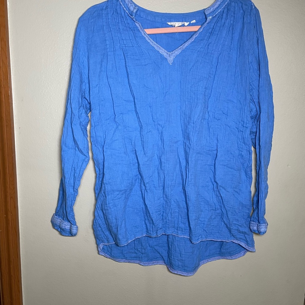 Anthropologie Forever That Girl Blue Cotton Gauze Tunic Top Long Sleeve Size S